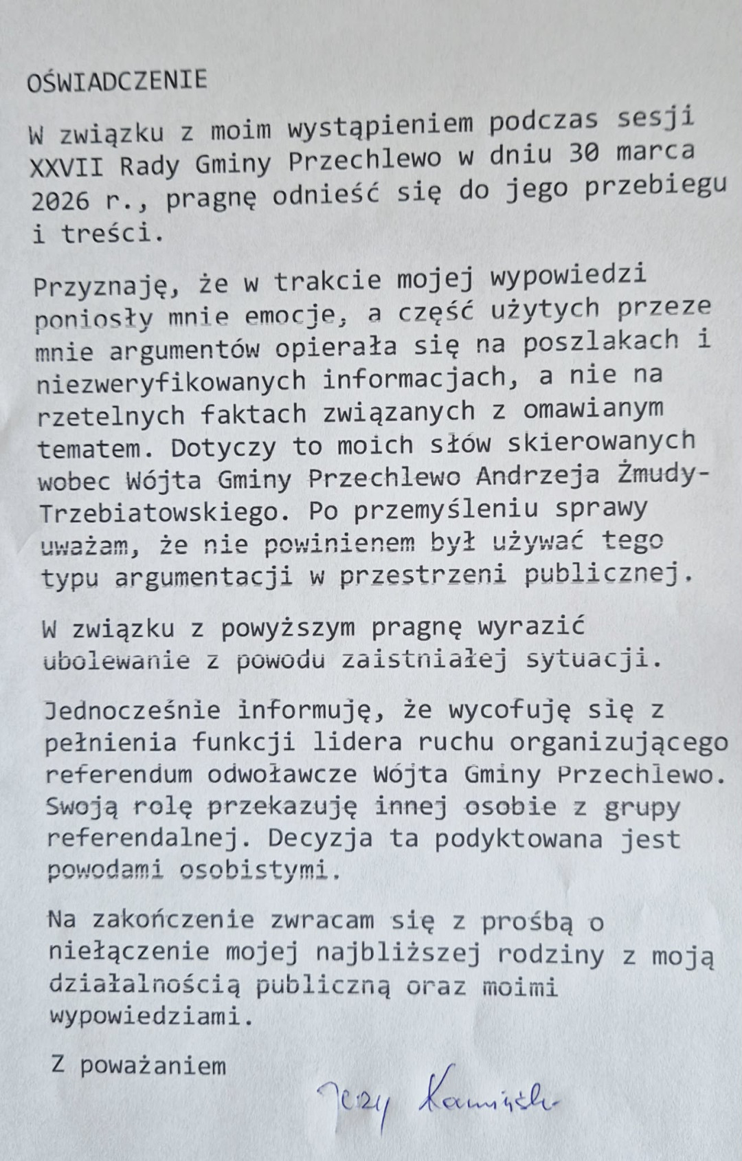 Jerzy Kamiński wycofuje się z organizacji referendum ws. odwołania w&oacute;jta Przechlewa. Lider grupy inicjatywnej wystosował oświadczenie