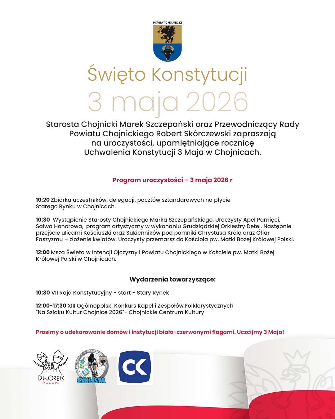 3-majowe uroczystości w Chojnicach rozpoczną się na Starym Rynku. Będzie między innymi uroczysty apel i salwa honorowa