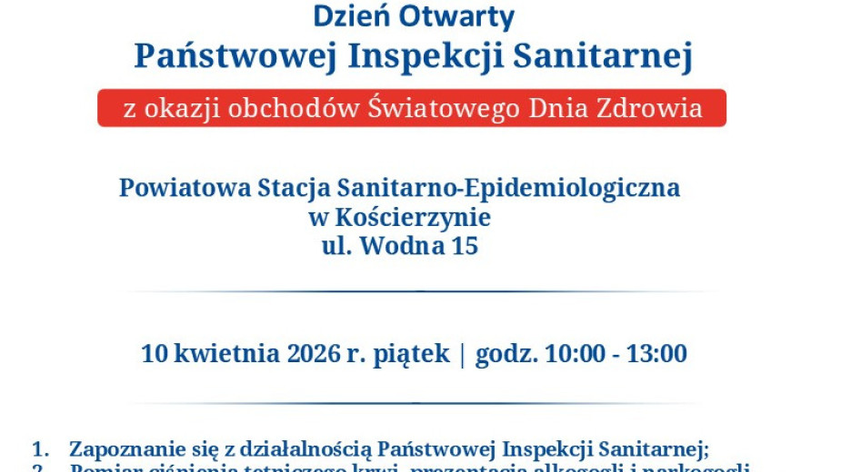 Powiatowa Stacja Sanitarno - Epidemiologiczna w Kościerzynie zaprasza jutro 10.04. na dzień otwarty