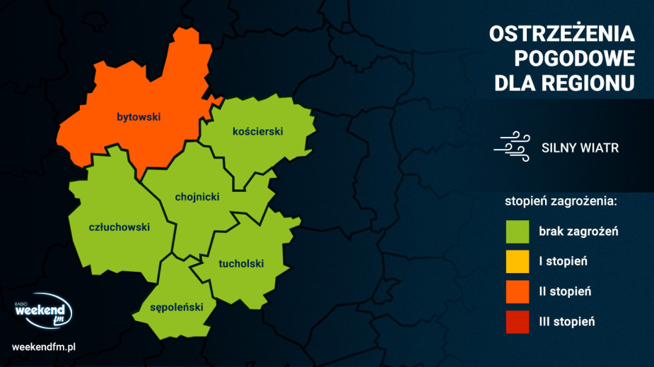 Uwaga na silny wiatr. Jest ostrzeżenie dla powiatu bytowskiego. Wiatr w porywach może osiągać do 95 km/h