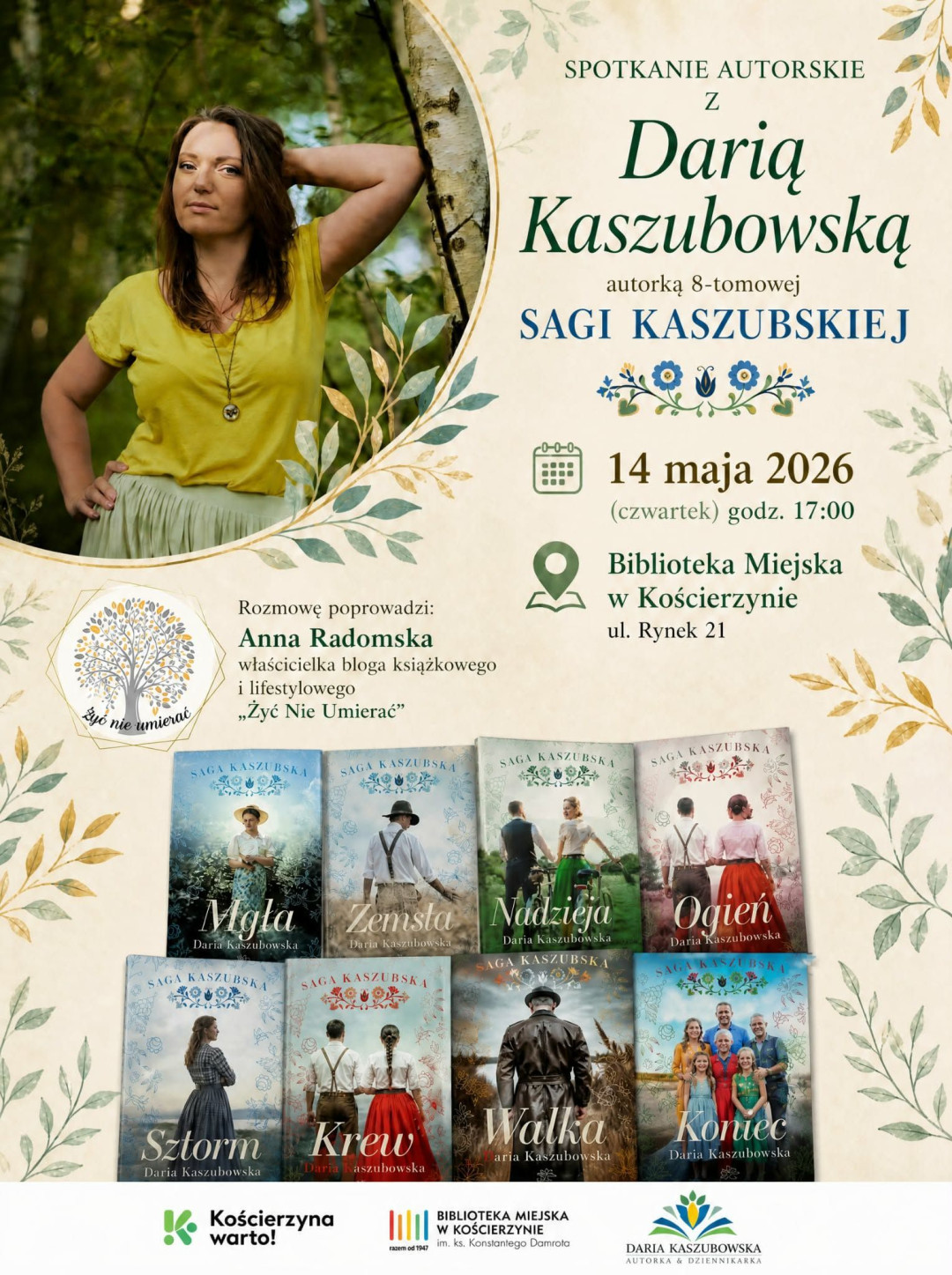 Jutro (14.05) w Bibliotece Miejskiej w Kościerzynie spotkanie z pisarką Darią Kaszubowską, autorką 8-tomowej Sagi Kaszubskiej