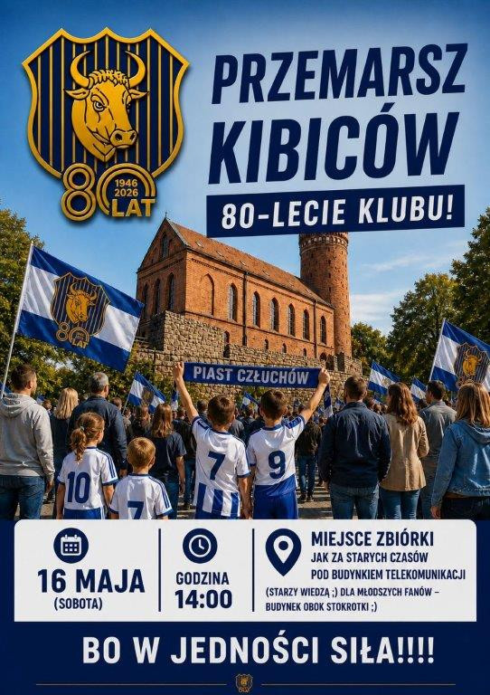 Kibice Piasta Człuch&oacute;w przemaszerują przez miasto na mecz rezerwami Chojniczanki. To jeden z akcent&oacute;w obchod&oacute;w 80-lecia klubu
