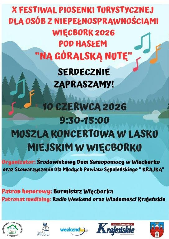 W Więcborku odbędzie się jutro (10.06) jubileuszowy 10. Festiwal Piosenki Turystycznej dla os&oacute;b z niepełnosprawnościami