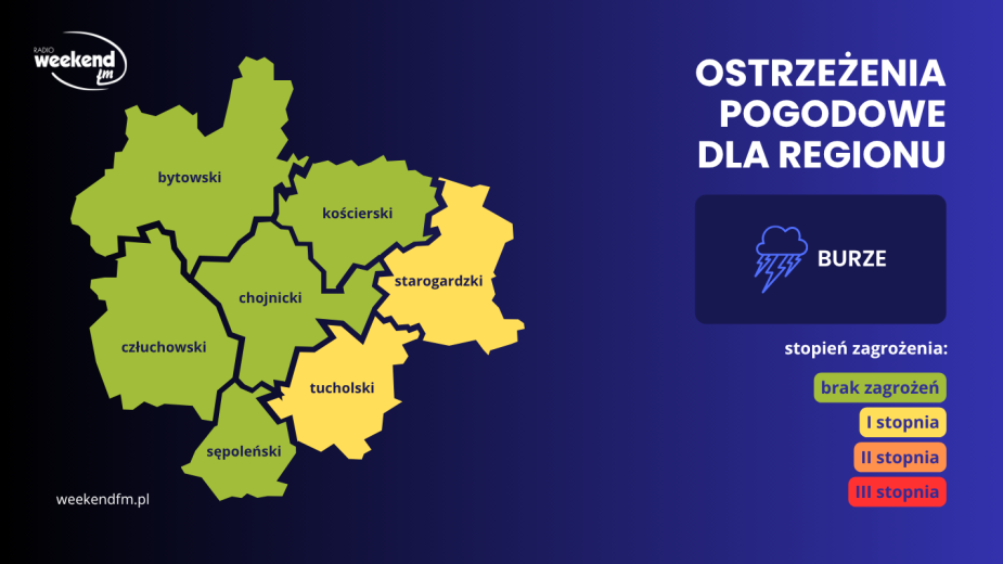 IMGW ostrzega przed burzami na terenie powiatów tucholskiego i starogardzkiego. Spodziewane są też punktowo silniejsze opady deszczu
