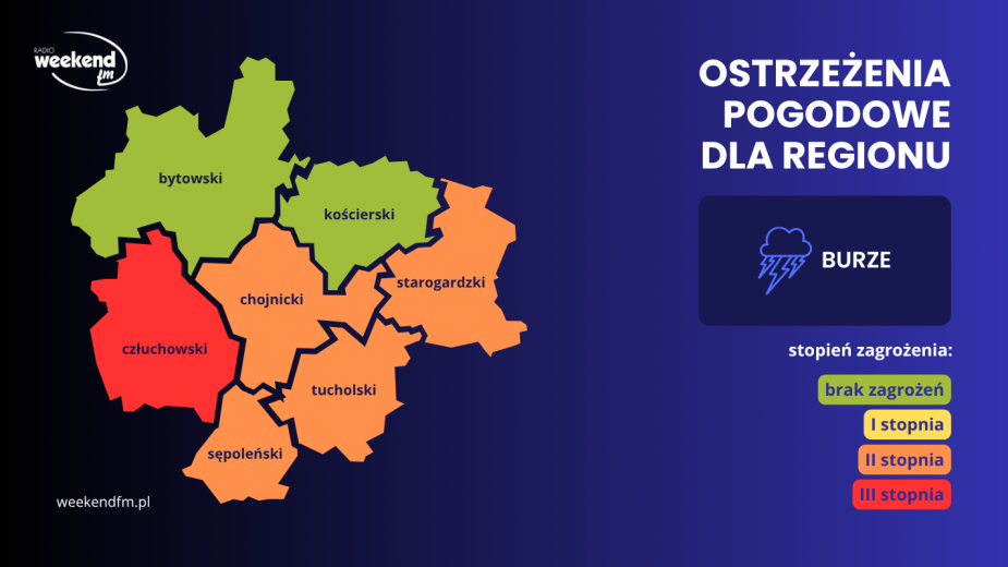 PILNE! Trzeci, najwyższy stopień alertu przed burzami dla powiatu człuchowskiego. Dla pozostałych powiatów w regionie obowiązuje stopień drugi (AKTUALIZACJA)
