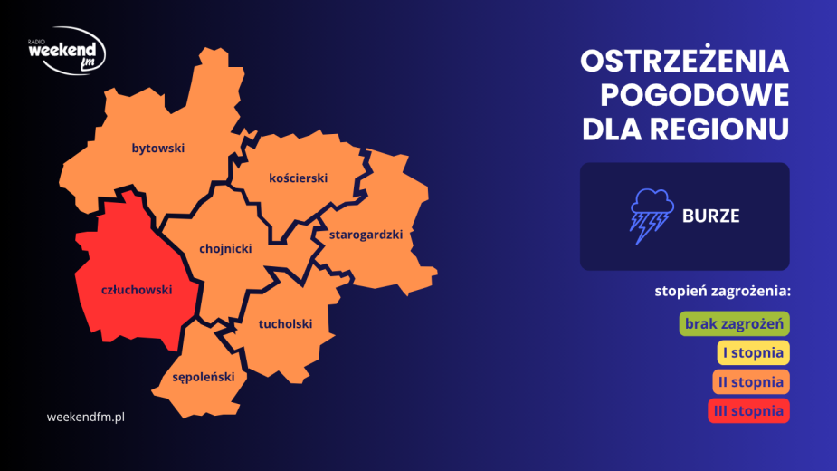 PILNE! Trzeci, najwyższy stopień alertu przed burzami dla powiatu człuchowskiego. Dla pozostałych powiatów w regionie obowiązuje stopień drugi (AKTUALIZACJA)