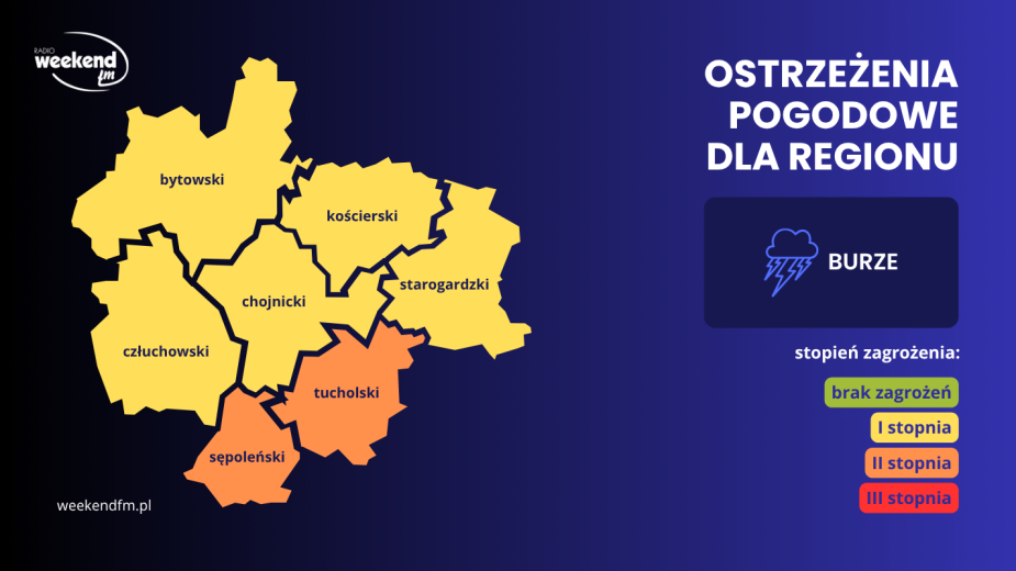 Silny deszcz i burze. Wydano nowe ostrzeżenia 1. i 2. stopnia dla naszego regionu. Może mocno padać, wiać, lokalnie spodziewany jest grad