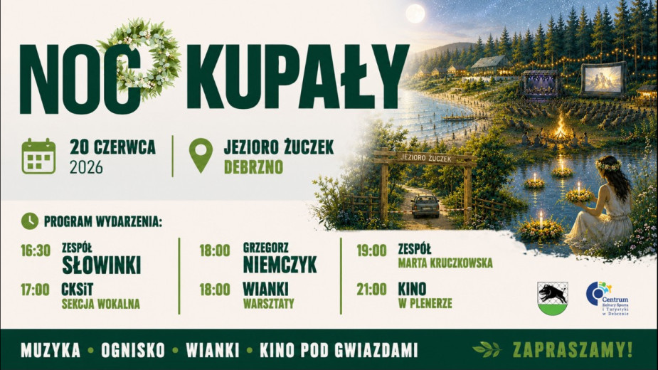 Muzyka, kino plenerowe i puszczanie wianków nad jeziorem Żuczek. Debrzno zaprasza na Noc Kupały