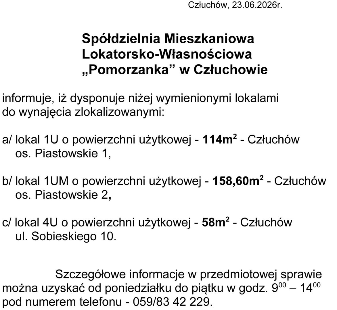 Sp&oacute;łdzielnia "Pomorzanka" w Człuchowie informuje o przetargach i ofertach najmu