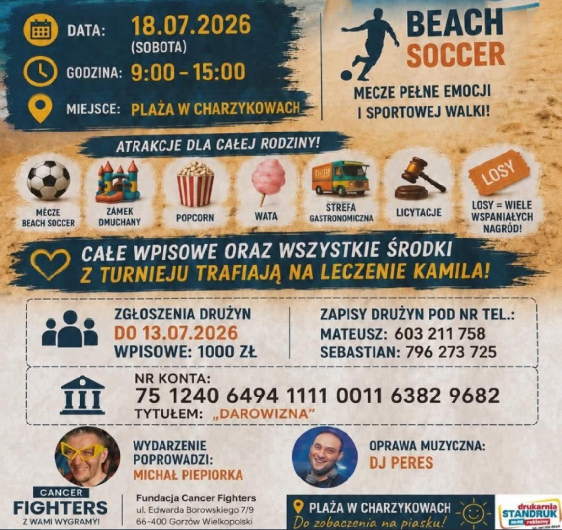 W sobotę (18.07) w Charzykowach charytatywny turniej beach soccera dla Kamila. Jeszcze można zgłaszać drużyny