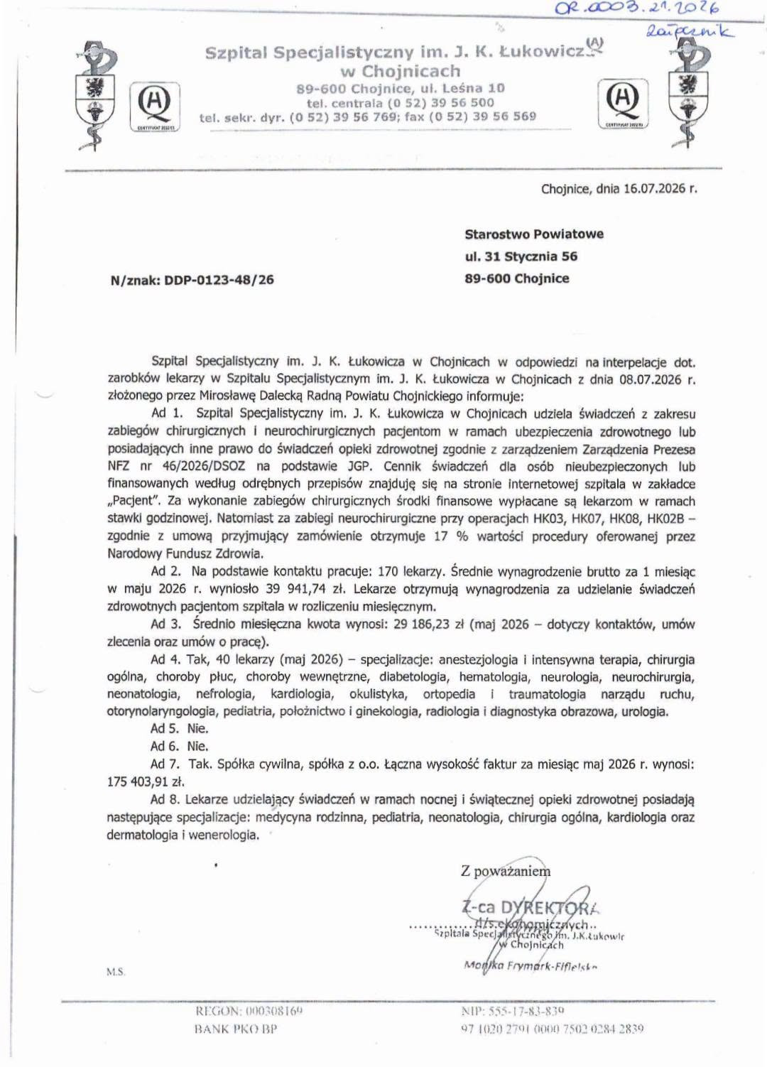 Ile zarabiają lekarze w szpitalu w Chojnicach? Zapytała o to radna powiatowa, ale odpowiedź ją rozczarowała