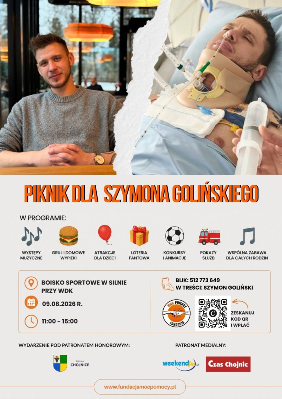 Jeszcze niedawno zakładał policyjny mundur. Dziś walczy o powr&oacute;t do sprawności. W niedzielę (09.08) w Silnie Piknik Charytatywny dla Szymona Golińskiego z Chojnic (ROZMOWA)