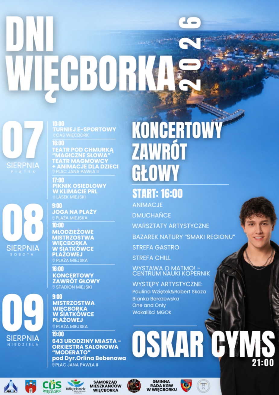 Dzisiaj (08.08) w Więcborku najważniejszy koncert tegorocznych dni miasta. Wystąpi Oskar Cyms