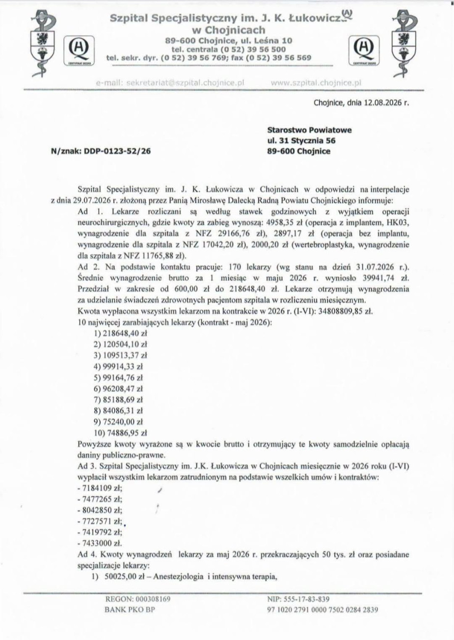 Wysokie lekarskie pensje i trzy czwarte koszt&oacute;w na wynagrodzenia wszystkich pracownik&oacute;w - szpital w Chojnicach odpowiedział na interpelację radnej Mirosławy Daleckiej (OŚWIADCZENIE)