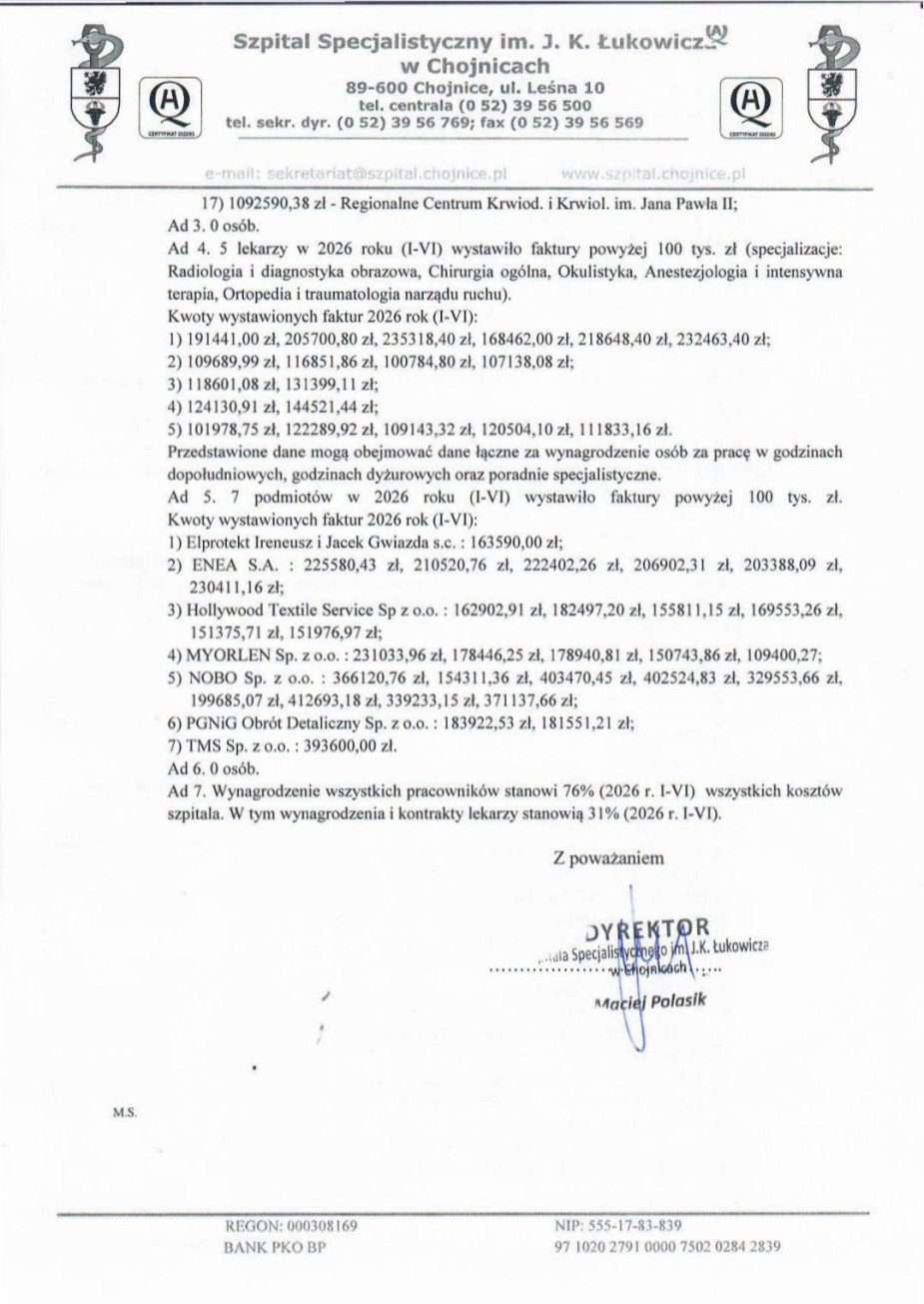 Wysokie lekarskie pensje i trzy czwarte koszt&oacute;w na wynagrodzenia wszystkich pracownik&oacute;w - szpital w Chojnicach odpowiedział na interpelację radnej Mirosławy Daleckiej (OŚWIADCZENIE)