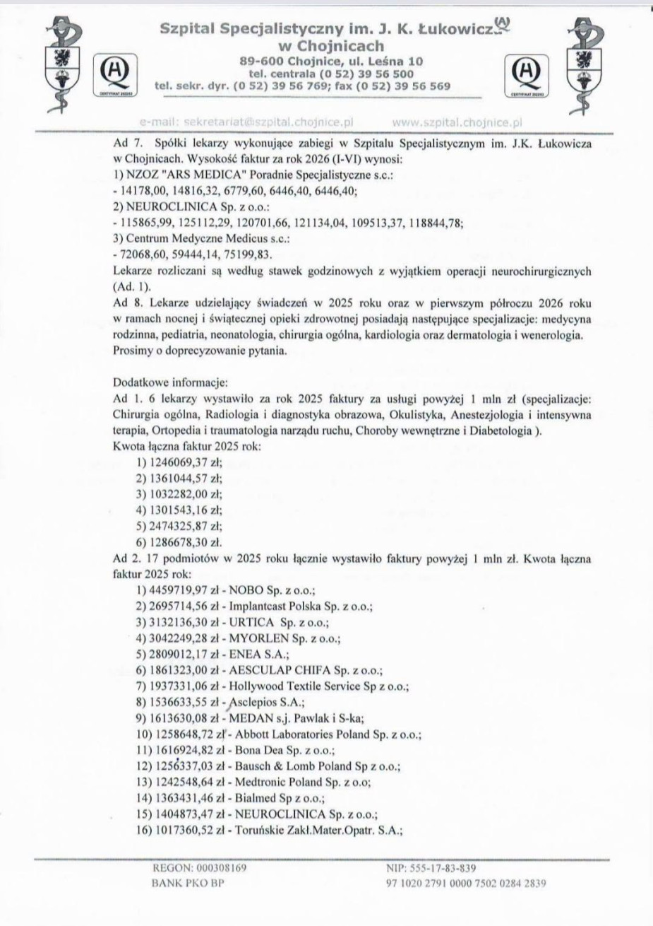 Wysokie lekarskie pensje i trzy czwarte koszt&oacute;w na wynagrodzenia wszystkich pracownik&oacute;w - szpital w Chojnicach odpowiedział na interpelację radnej Mirosławy Daleckiej (OŚWIADCZENIE)