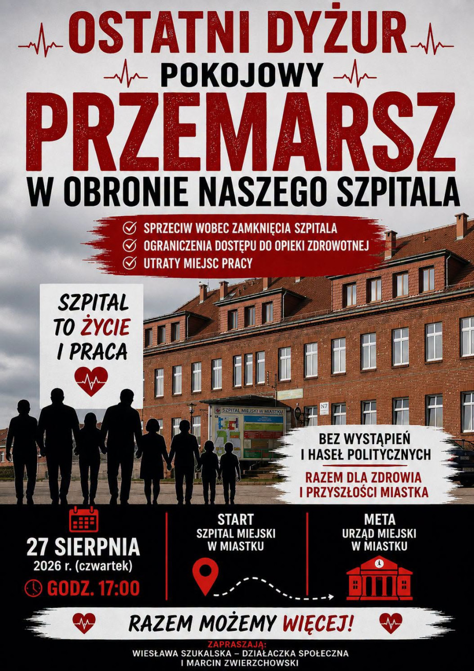 W czwartek 27 sierpnia w Miastku odbędzie się marsz milczenia. Demonstracja ma związek z upadłością szpitala. "To jest wyraz naszego b&oacute;lu, naszego żalu, naszego gniewu"