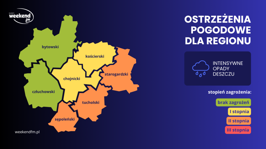 W nocy z piątku na sobotę może intensywnie padać. Służby meteorologiczne wydały ostrzeżenia 2. i 1. stopnia dla części naszego regionu