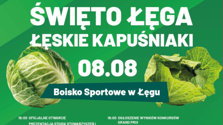W sobotę (8.08) Święto Łęga i tradycyjne mistrzostwa w rzucie kapustą. Gwiazdą wieczoru będzie zespół Mejk