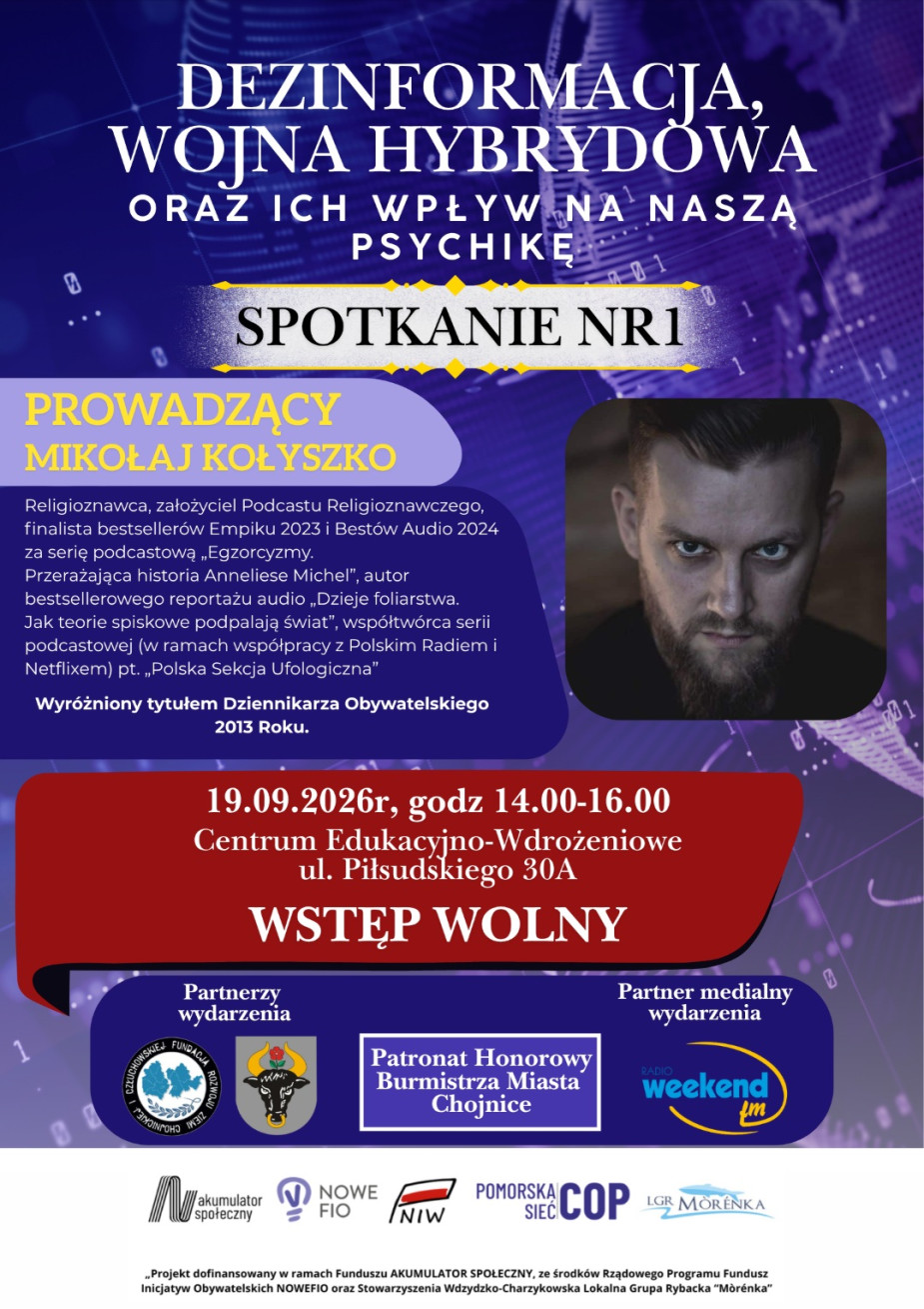 W sobotę 19 września w Chojnicach odbędzie się otwarte spotkanie pt. "Dezinformacja, wojna hybrydowa oraz ich wpływ na naszą psychikę" (ROZMOWA)