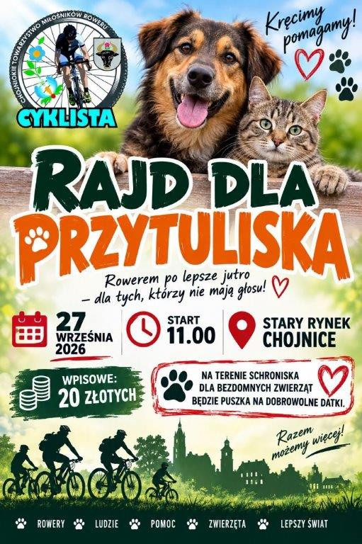 Okazja do wsparcia chojnickiego "Przytuliska" - w niedzielę (27.09) rowerowy rajd charytatywny na rzecz schroniska dla zwierząt