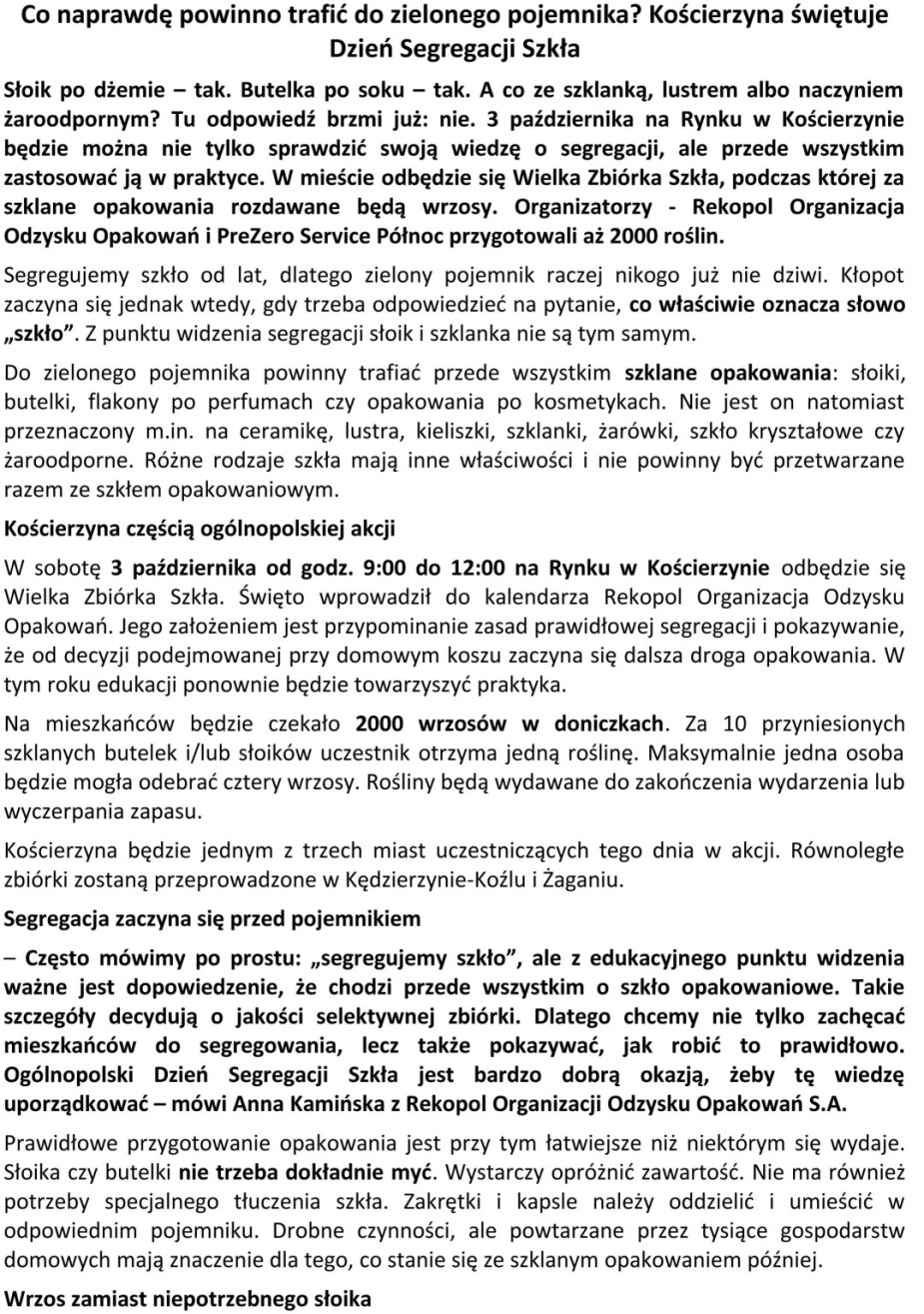 Oddaj szklane butelki i odbierz wrzos w doniczce. Już w najbliższą sobotę (3.10.) na rynku w Kościerzynie odbędzie się Wielka Zbi&oacute;rka Szkła