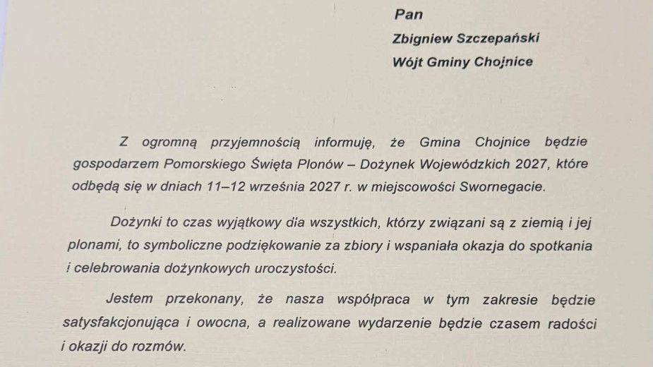 Przyszłoroczne święto plonów województwa pomorskiego odbędzie się w Swornegaciach