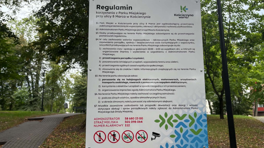Zakaz poruszania się na hulajnogach elektrycznych czy motorowerach stał się faktem. Jest nowy regulamin korzystania z parku miejskiego przy ulicy 8 Marca w Kościerzynie