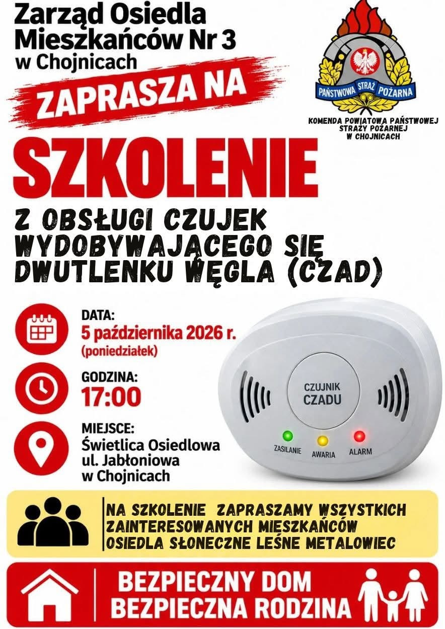 W poniedziałek (5.10) szkolenie dla mieszkańc&oacute;w Osiedla nr 3 w Chojnicach. Strażacy opowiedzą o czujkach czadu