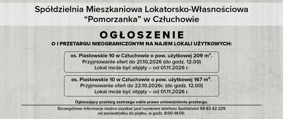 Sp&oacute;łdzielnia "Pomorzanka" w Człuchowie informuje o przetargach i ofertach najmu