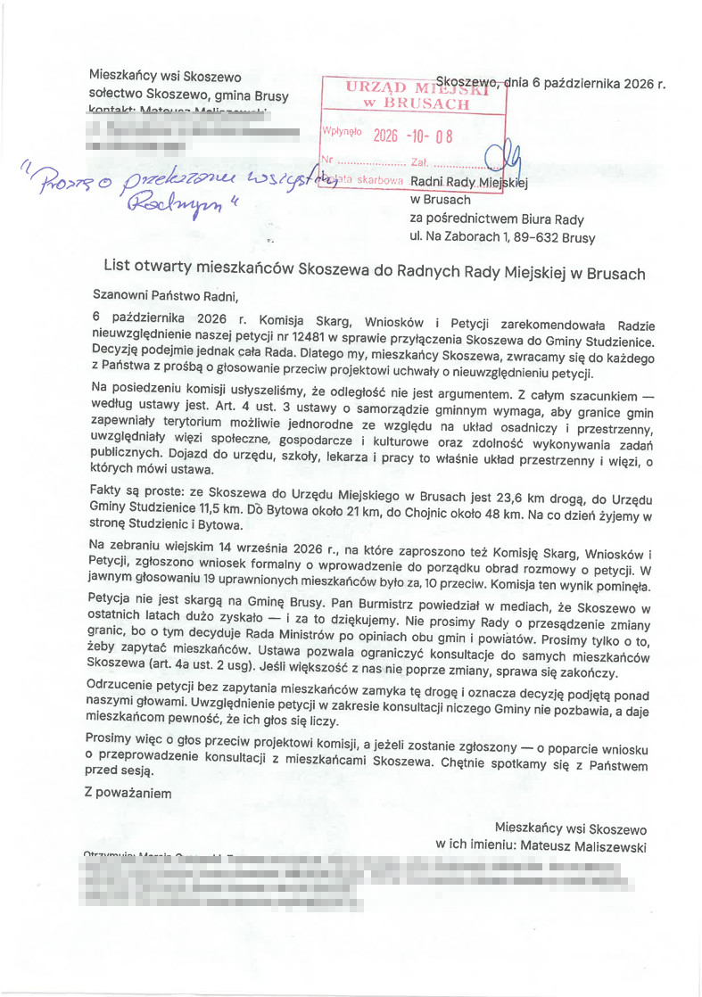 Komisja Skarg, Wniosk&oacute;w i Petycji Rady Miejskiej w Brusach rekomenduje odrzucenie petycji mieszkańc&oacute;w Skoszewa w sprawie odłączenia się od gminy (LIST MIESZKAŃC&Oacute;W)