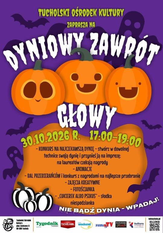 Tucholski Ośrodek Kultury zaprasza dziś (30.10) najmłodszych na imprezę halloweenową pod nazwą "Dyniowy zawr&oacute;t głowy"